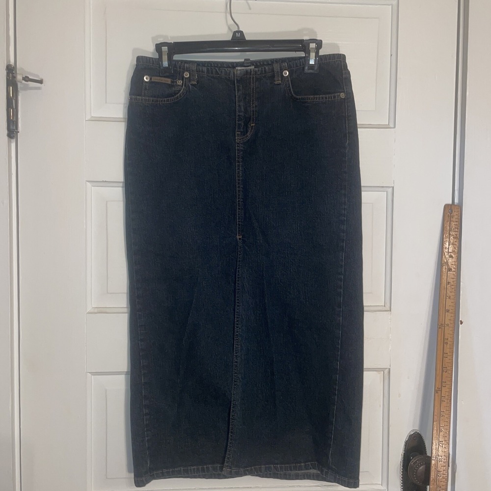Calvin Klein No Waist Band Pencil Jean Skirt, Dark Blue Denim, Front Slit, Sz 7